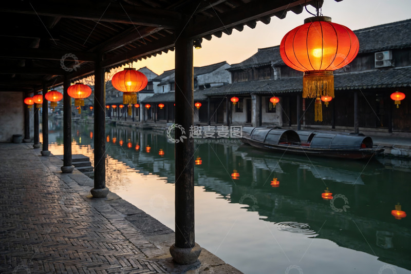 高清大图下载【趣麦麦图】古街水乡夜景灯笼高挂