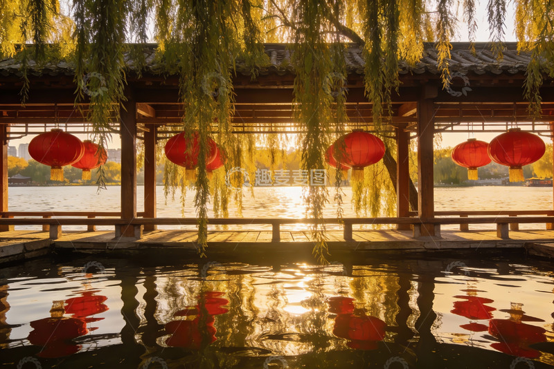 高清大图下载【趣麦麦图】古亭红灯笼映水景