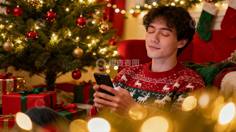 高清大图下载【趣麦麦图】圣诞树下男子看手机