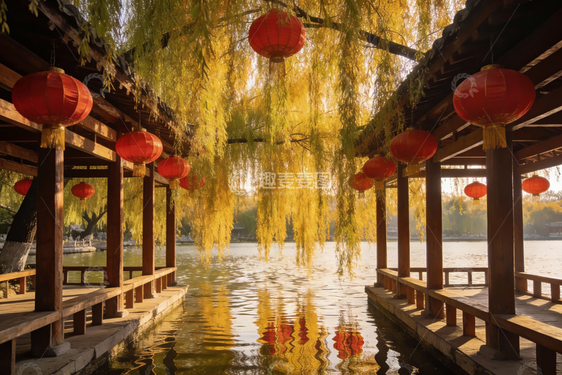 高清大图下载【趣麦麦图】秋日湖畔长廊红灯笼