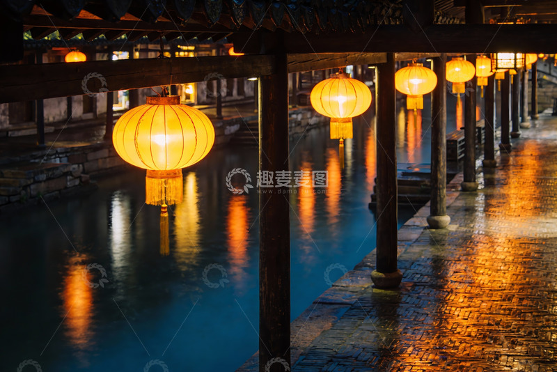 高清大图下载【趣麦麦图】夜色水乡灯笼映照
