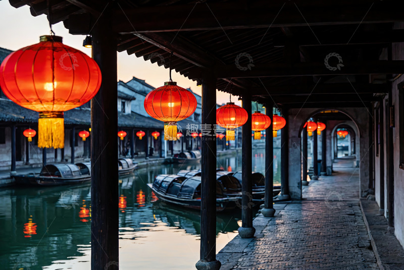 高清大图下载【趣麦麦图】古街水乡夜景红灯笼