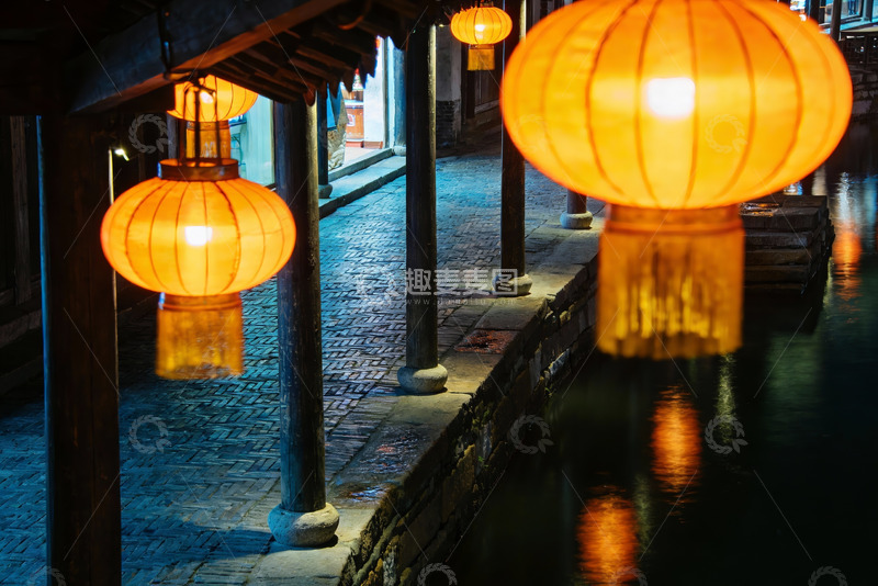 高清大图下载【趣麦麦图】夜色水乡灯笼映河