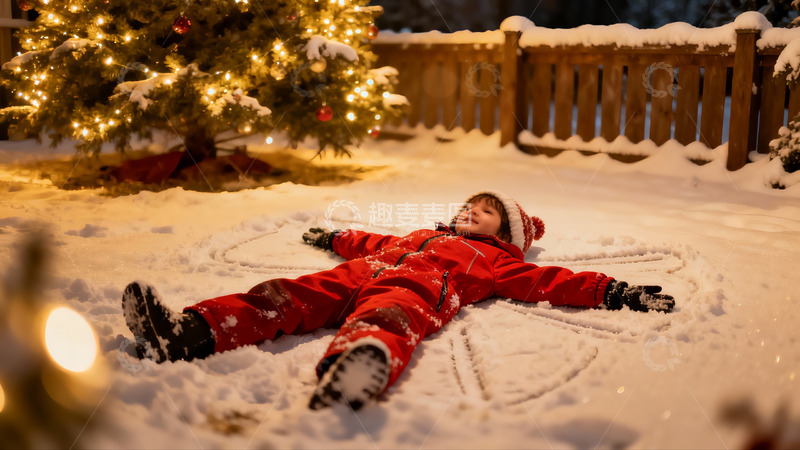 高清大图下载【趣麦麦图】雪地天使与圣诞树夜景