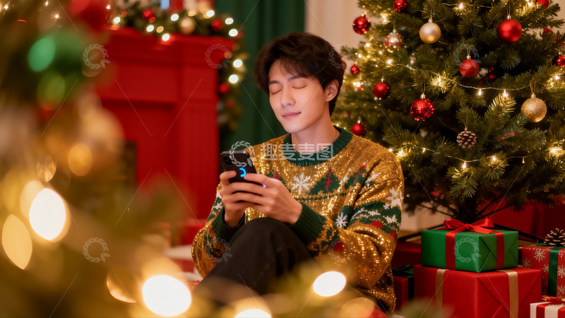 高清大图下载【趣麦麦图】圣诞树下男子看手机