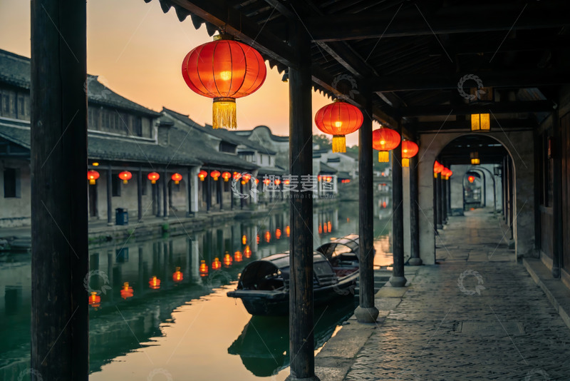高清大图下载【趣麦麦图】古巷水乡夜景红灯笼