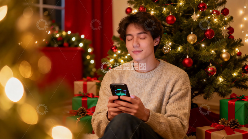 高清大图下载【趣麦麦图】圣诞树下男子专注手机