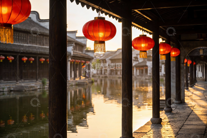 高清大图下载【趣麦麦图】古街水乡红灯笼
