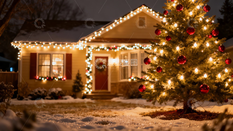 高清大图下载【趣麦麦图】雪夜圣诞树与装饰房屋