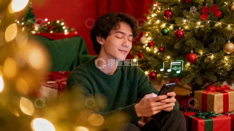 高清大图下载【趣麦麦图】圣诞树下男子闭眼听音乐