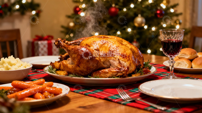 高清大图下载【趣麦麦图】圣诞餐桌上的烤火鸡大餐