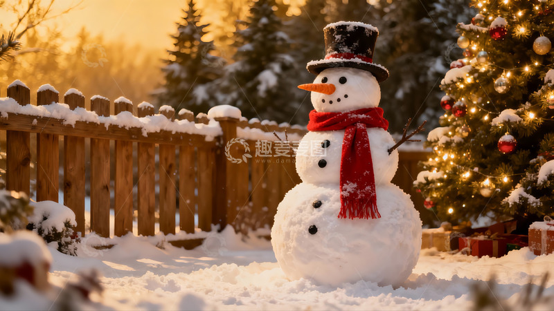 高清大图下载【趣麦麦图】雪地圣诞树旁的雪人