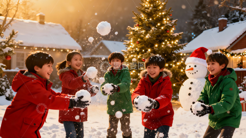 高清大图下载【趣麦麦图】雪地儿童玩雪欢乐场景