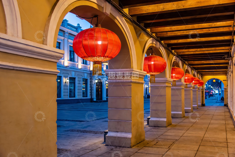 高清大图下载【趣麦麦图】拱廊夜景红灯笼
