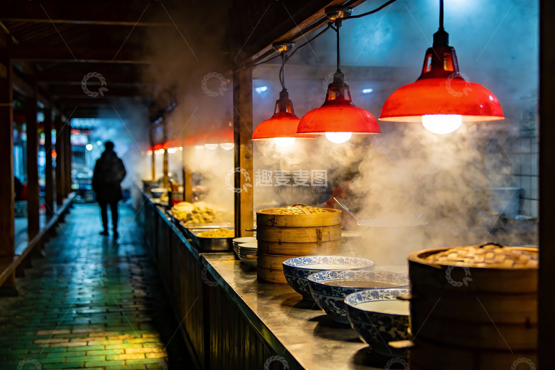 高清大图下载【趣麦麦图】夜市美食摊位热气腾腾