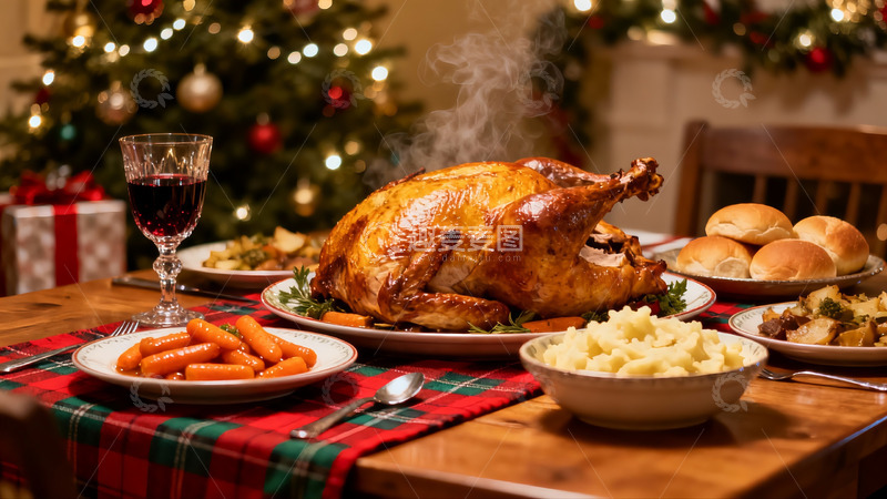 高清大图下载【趣麦麦图】圣诞餐桌丰盛火鸡大餐