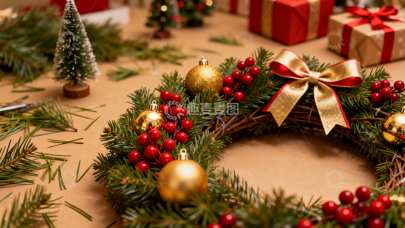 高清大图下载【趣麦麦图】圣诞花环与礼物盒装饰场景