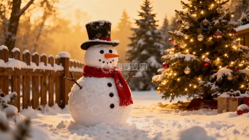 高清大图下载【趣麦麦图】雪地圣诞树与雪人