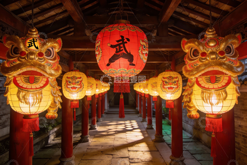 高清大图下载【趣麦麦图】古建筑长廊挂满红色灯笼