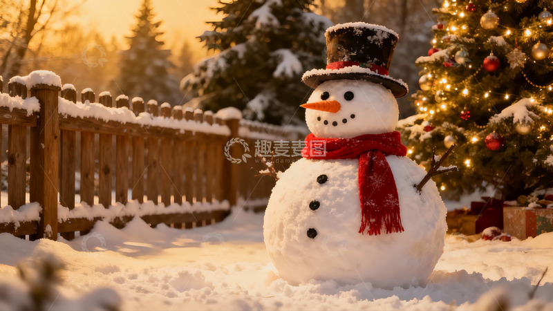 高清大图下载【趣麦麦图】雪地圣诞树旁的雪人