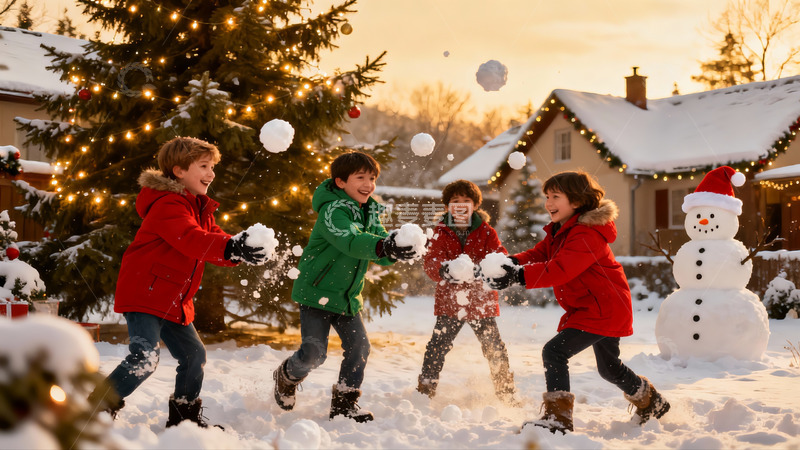 高清大图下载【趣麦麦图】雪地儿童打雪仗欢乐场景