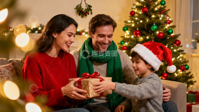 高清大图下载【趣麦麦图】圣诞家庭温馨送礼场景