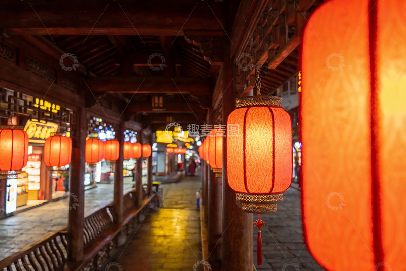 高清大图下载【趣麦麦图】古街夜景红灯笼高挂