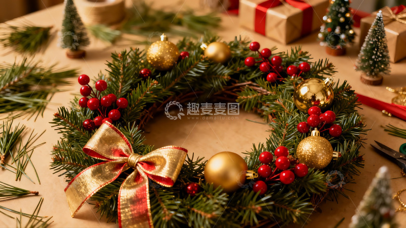 高清大图下载【趣麦麦图】圣诞花环装饰制作场景