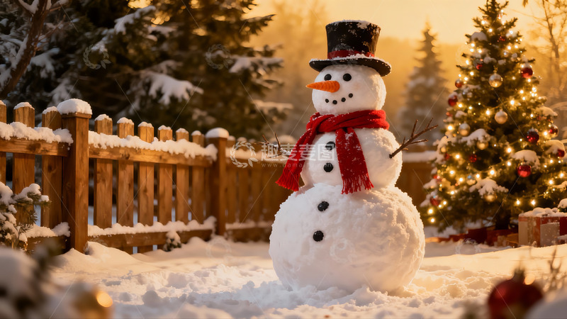 高清大图下载【趣麦麦图】雪地圣诞树旁的雪人