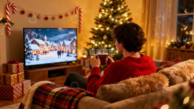 高清大图下载【趣麦麦图】圣诞夜客厅温馨观影场景