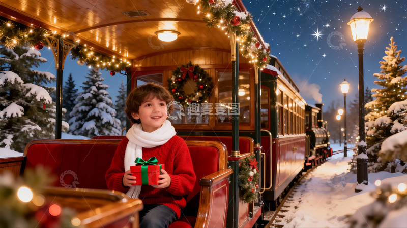 高清大图下载【趣麦麦图】雪夜火车上的圣诞男孩