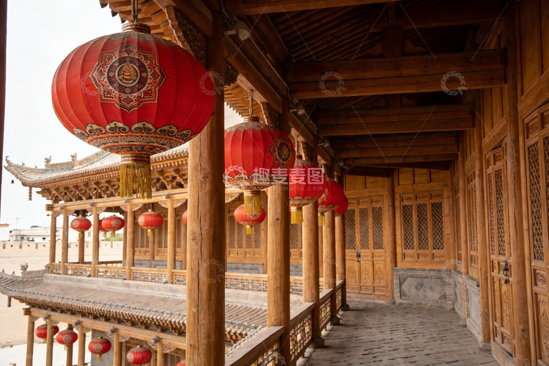 高清大图下载【趣麦麦图】古色古香建筑走廊挂红灯笼