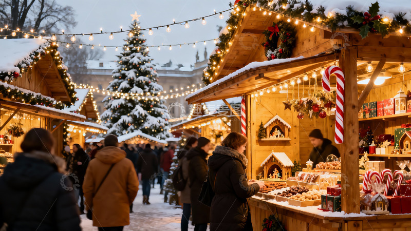 高清大图下载【趣麦麦图】雪夜圣诞集市灯火辉煌
