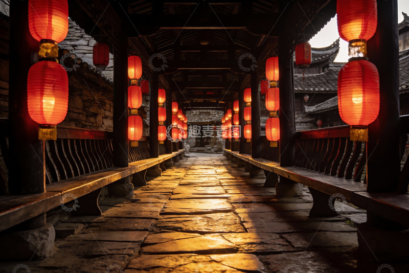 高清大图下载【趣麦麦图】古巷红灯笼映石板路