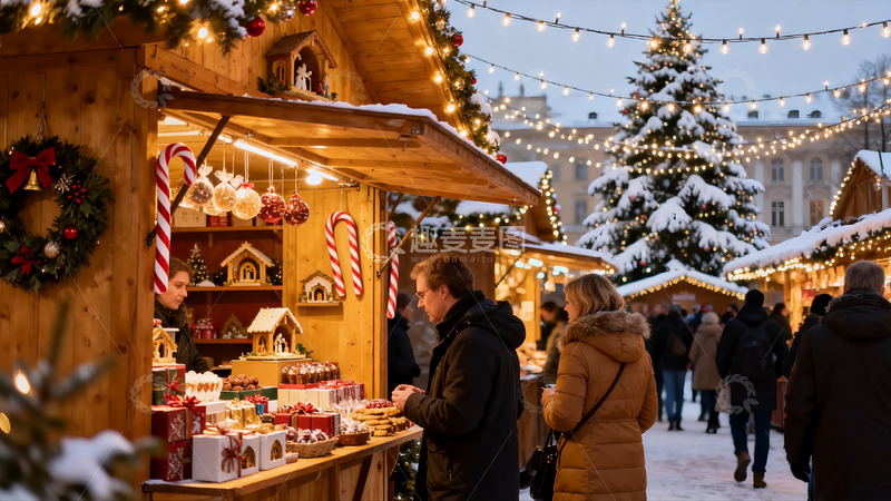 高清大图下载【趣麦麦图】雪夜圣诞市集热闹场景