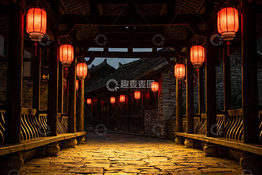 古巷夜景红灯笼高挂