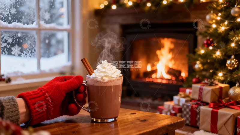 高清大图下载【趣麦麦图】冬日壁炉旁热饮与圣诞礼物