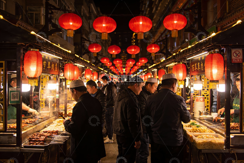 高清大图下载【趣麦麦图】夜市灯火辉煌美食摊位热闹非凡