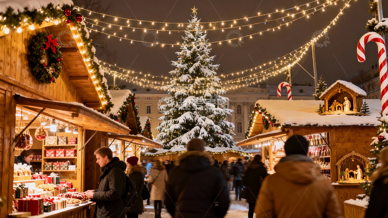 高清大图下载【趣麦麦图】圣诞夜市灯火辉煌人群熙攘