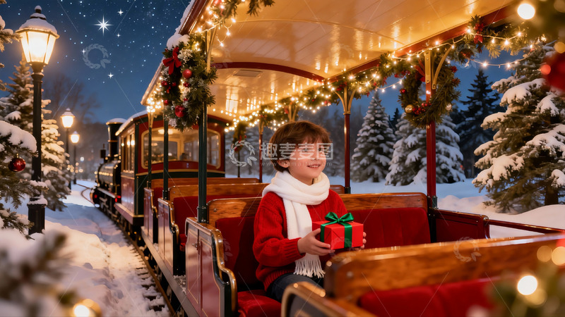 高清大图下载【趣麦麦图】雪夜小火车上的圣诞礼物