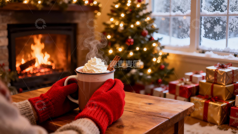 高清大图下载【趣麦麦图】圣诞夜壁炉旁热饮与礼物