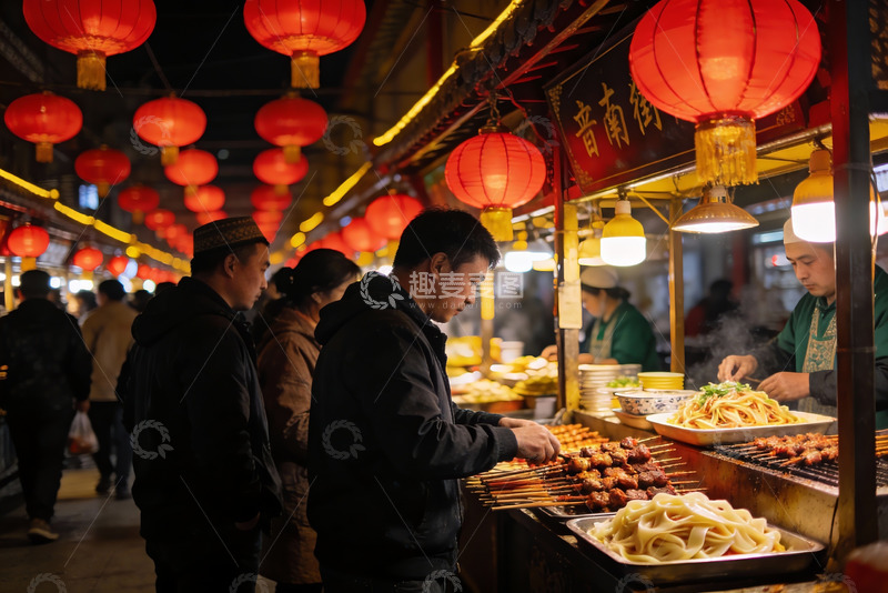 高清大图下载【趣麦麦图】夜市摊位前食客络绎不绝
