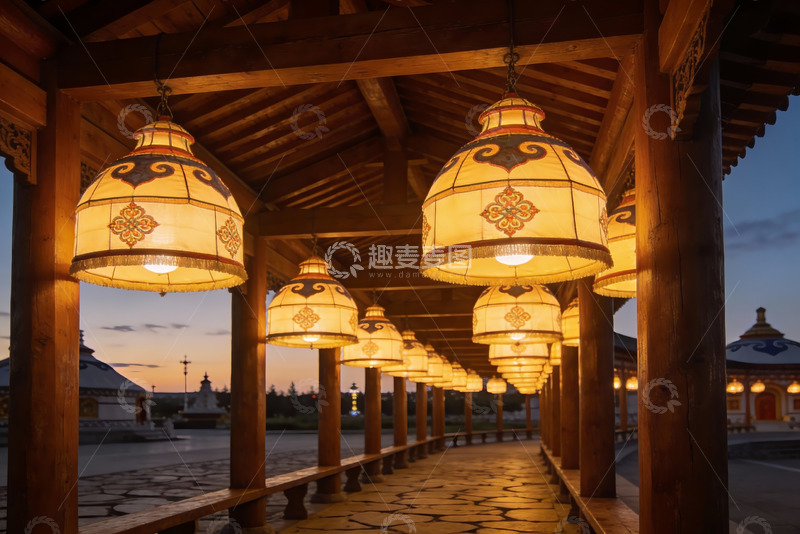 高清大图下载【趣麦麦图】古色古香长廊夜景灯笼