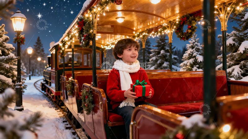 高清大图下载【趣麦麦图】雪夜圣诞小火车上的欢乐童年