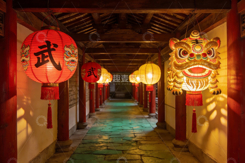 高清大图下载【趣麦麦图】古色古香走廊挂满灯笼