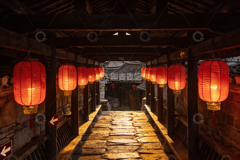 高清大图下载【趣麦麦图】古色古香长廊红灯笼