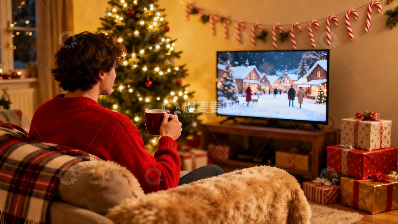 高清大图下载【趣麦麦图】圣诞夜客厅温馨观影场景