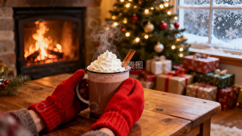 高清大图下载【趣麦麦图】壁炉旁圣诞热饮温馨场景