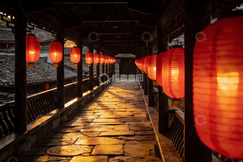 高清大图下载【趣麦麦图】古廊桥红灯笼映衬石板路