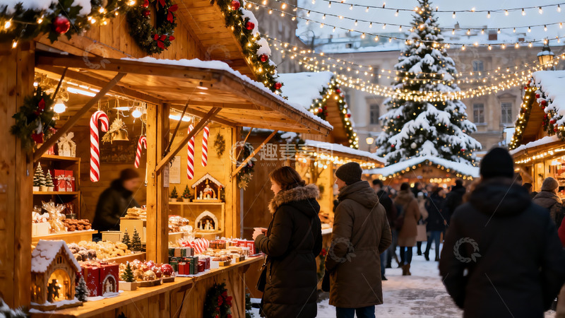 高清大图下载【趣麦麦图】雪夜圣诞集市热闹非凡